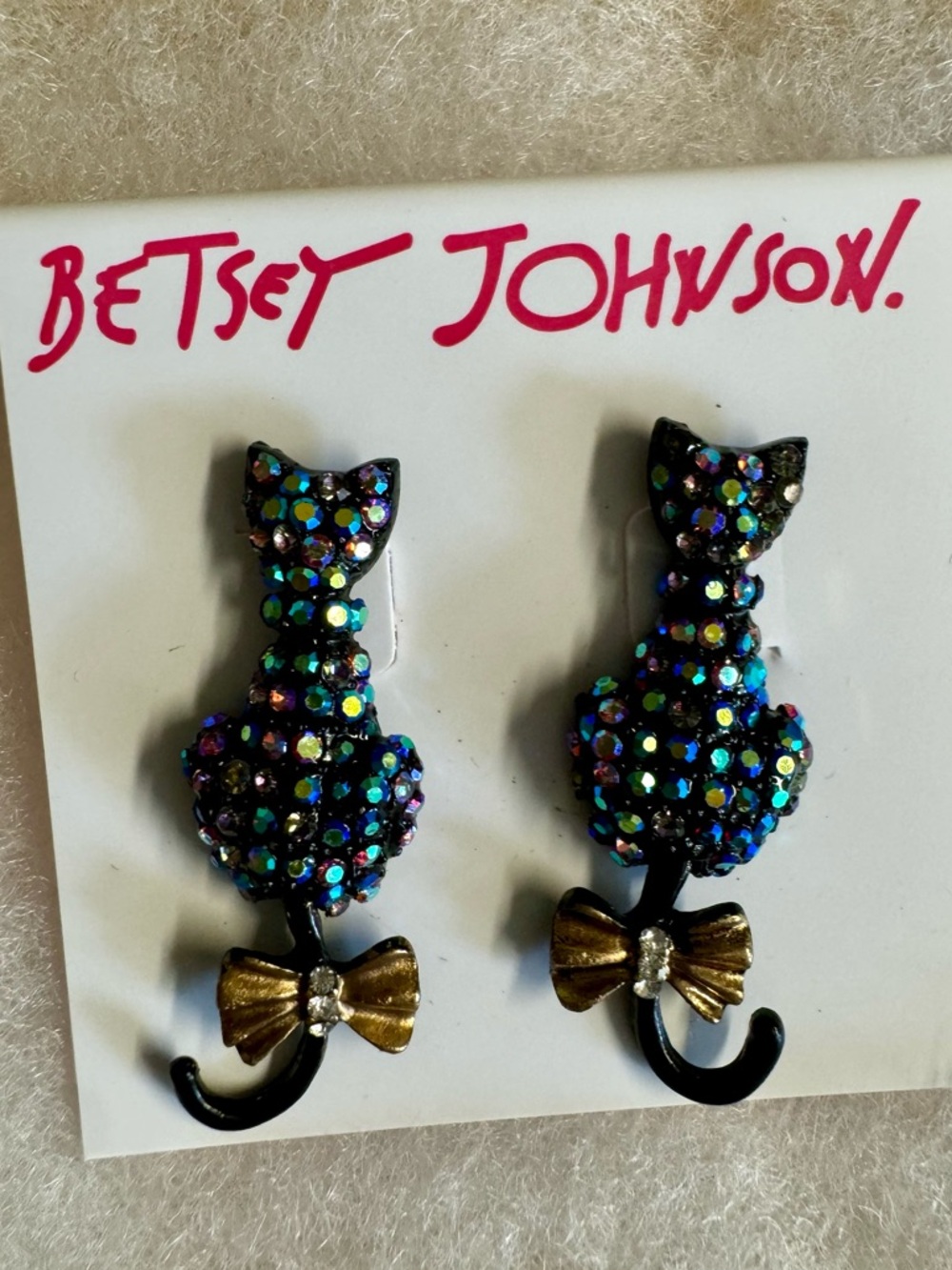 Betsey Johnson Black Cat Drop Earrings with Iridescent Crystals and Gold Bows